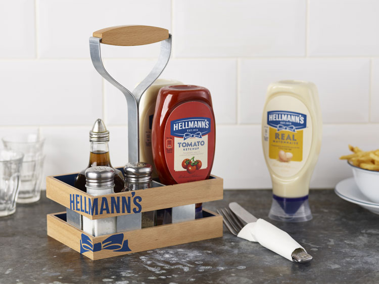 Hellmann 的品牌包裝設(shè)計，藍絲帶標志，手繪字體